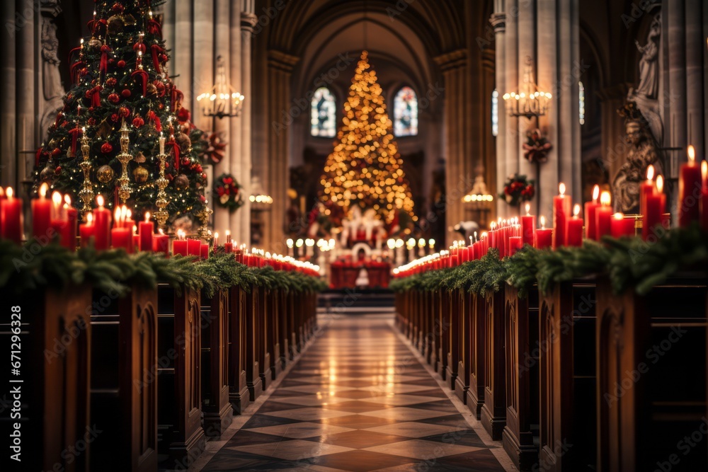 Beautifully decorated church interior with candlelit pews, emphasizing the spiritual aspect of Christmas celebrations. Generative Ai