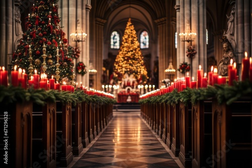 Beautifully decorated church interior with candlelit pews, emphasizing the spiritual aspect of Christmas celebrations. Generative Ai © bluebeat76