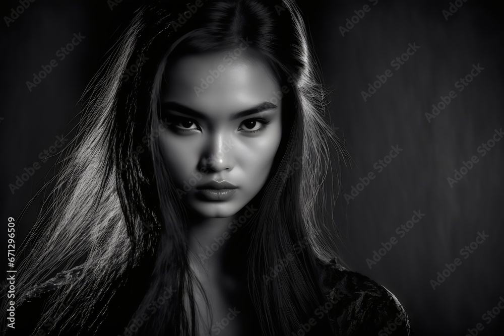 Beautiful asian girl with long hair. Black and white photo. Generative AI.