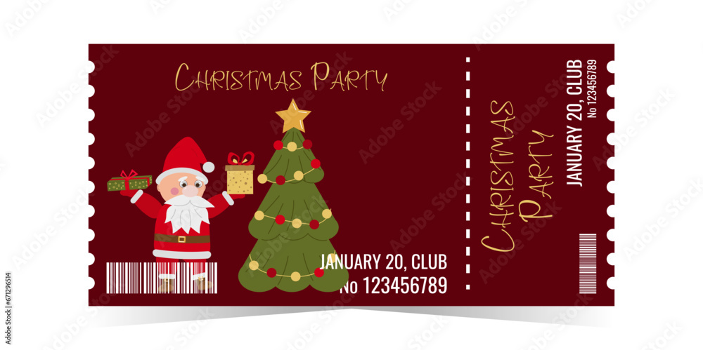 Christmas Party Ticket layout template card design. Santa Claus puts presents under the Christmas tree. Winter holiday invitation card. Vector flat illustration.