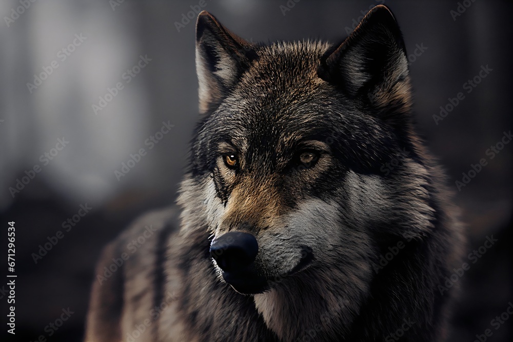 Portrait of a wolf in a dark forest. Close-up. Generative AI. 