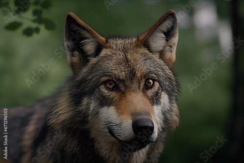 Portrait of a wolf in the forest. Close-up. generative AI.