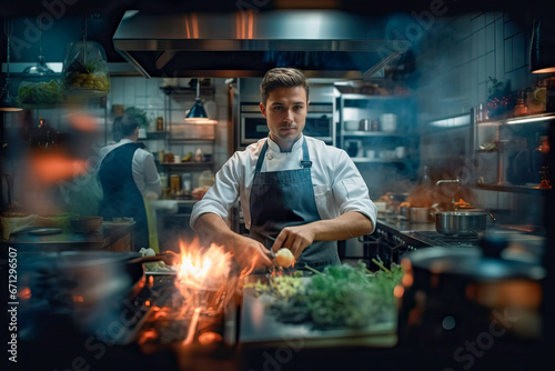 A Skilled Chef Preparing Delicious Cuisine Amidst Fiery Kitchen Ambiance