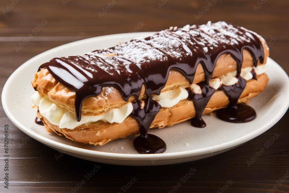 Appetizing chocolate eclair. Traditional American cuisine. Popular authentic desserts. Background with selective focus Appetizing chocolate eclair. Traditional American cuisine. Popular authentic desserts. Background with selective focus