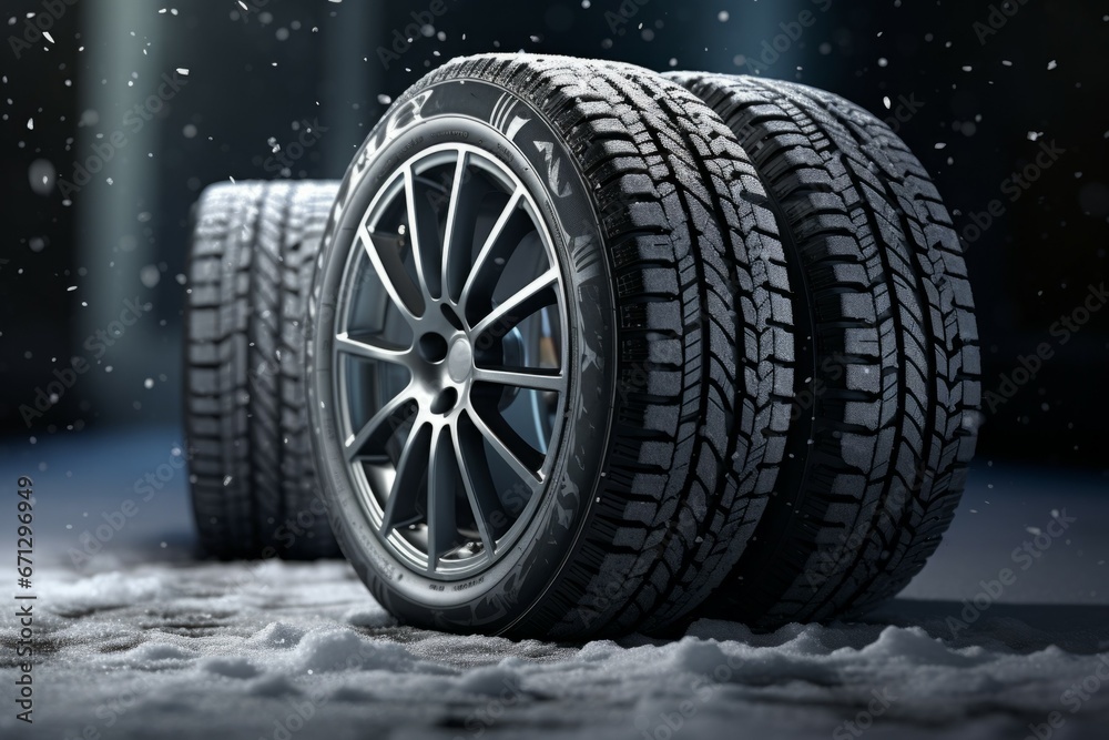New car tires on the snow. Background with selective focus and copy space New car tires on the snow. Background with selective focus and copy space