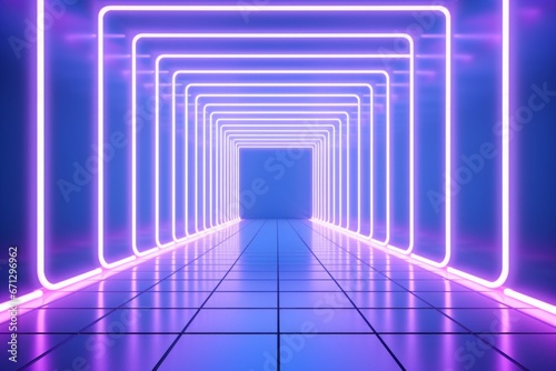 Long empty corridor with neon lights. Background with selective focus and copy space