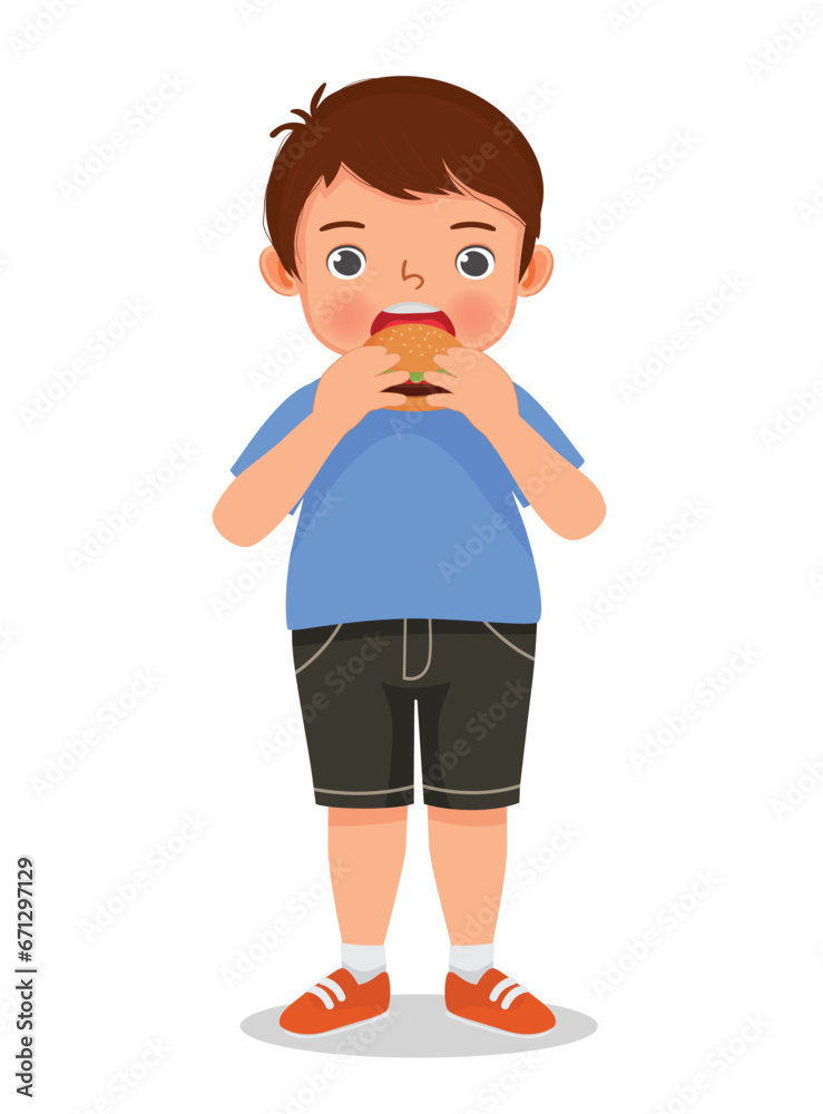 Cute fat obese little boy feel hungry eating hamburger junk food