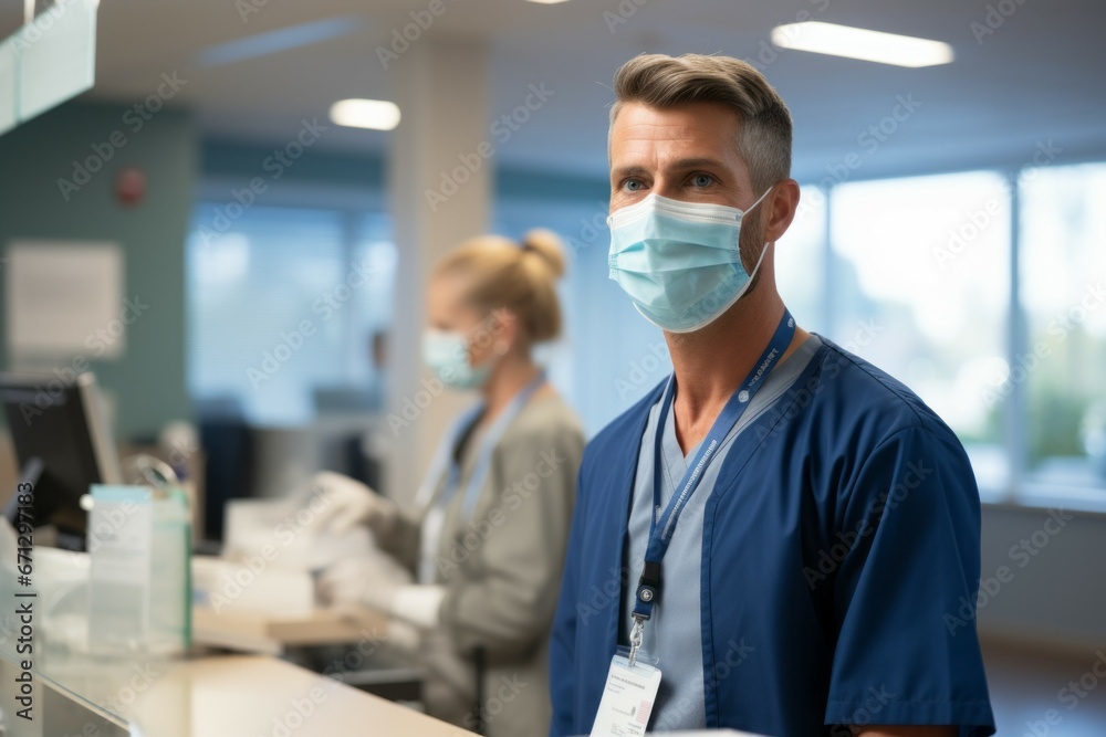 Male employee at the reception in a hospital. Portrait with selective focus and copy space Male employee at the reception in a hospital. Portrait with selective focus and copy space
