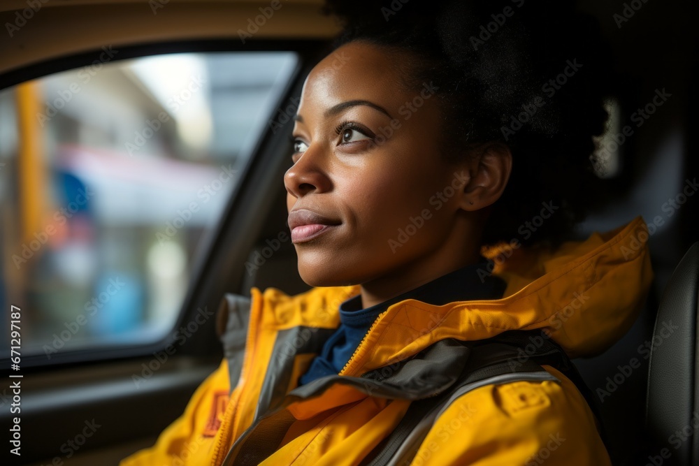 Woman professional taxi driver. Top professions concept. Portrait with selective focus and copy space Woman professional taxi driver. Top professions concept. Portrait with selective focus and copy space