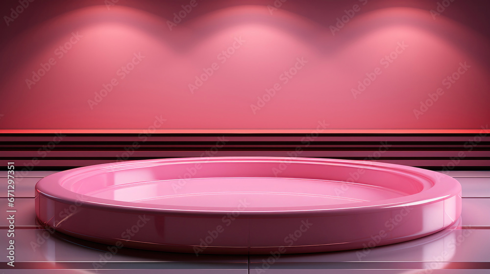 Round glossy lacquered podium for presentation against background of pink wall with lamps. White glowing light semi circles layers scene. Abstract minimal scene mockup products display. Generative AI Round glossy lacquered podium for presentation against background of pink wall with lamps. White glowing light semi circles layers scene. Abstract minimal scene mockup products display. Generative AI