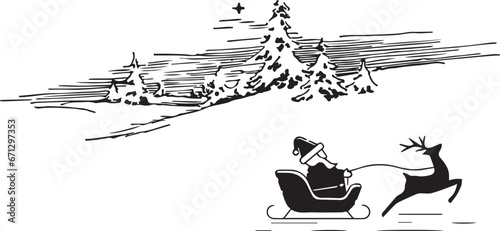 illustration of Santa Claus in his sleigh with reindeer and forest background with Christmas trees