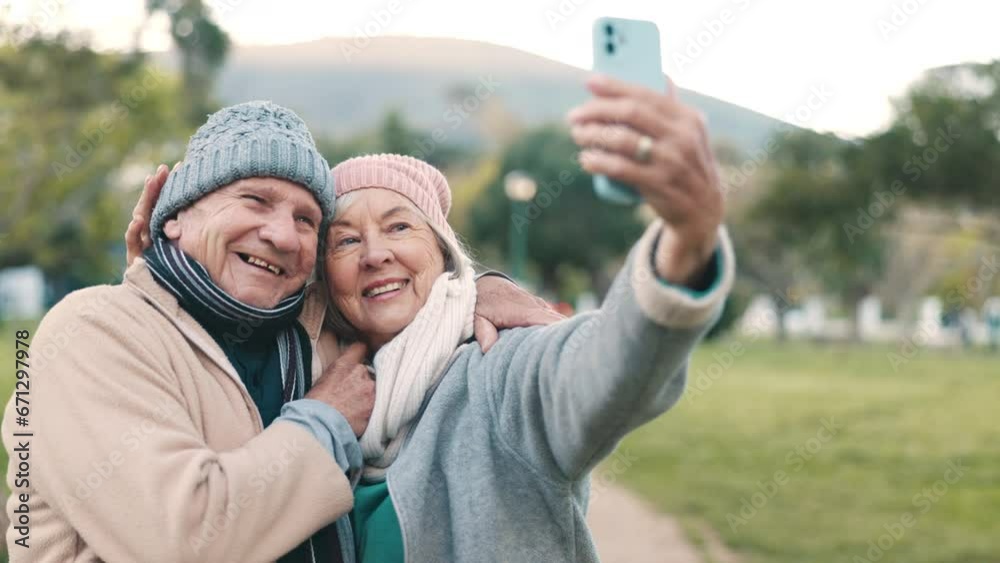 Park, selfie and senior couple with smile outdoors for wellness, bonding and relax on weekend. Retirement, marriage and elderly man and woman take profile picture for social media, memory and post Park, selfie and senior couple with smile outdoors for wellness, bonding and relax on weekend. Retirement, marriage and elderly man and woman take profile picture for social media, memory and post