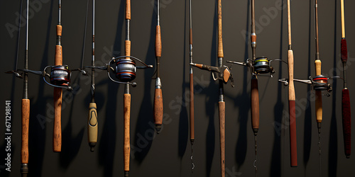 Various Spinning Rods on Bamboo Poles Displaying the Palette of Angling Excellence: Various Metal, Steel, and Wooden Fishing Tackle Spinning Rods Set Against a Beautiful Ebony