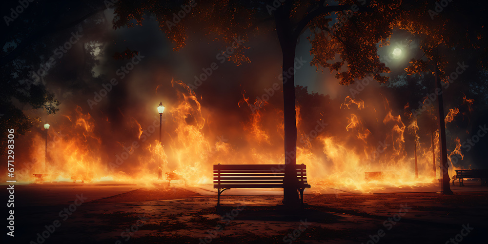 A park bench with a light on the right side and a light on the  front side with night fire scene, A Serene Gathering of Park Benches Amidst a Spectacular Night Fire