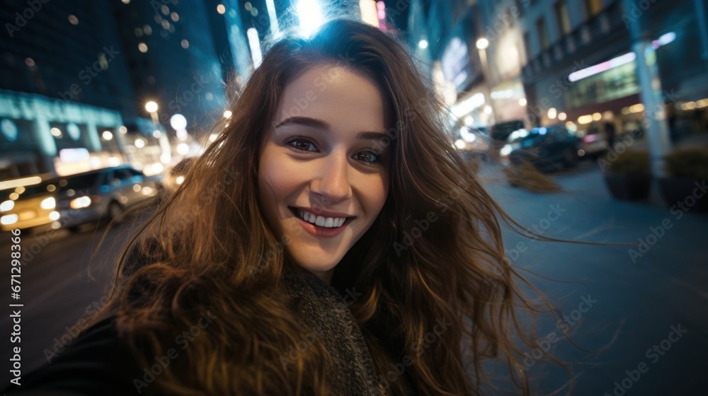 Beautiful girl taking selfie from city street, woman with technology