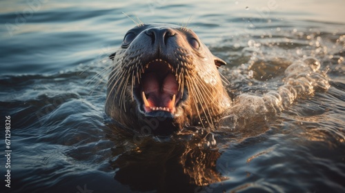 Seals are opening their mouths to catch fish in the sea, seals and the sea photo