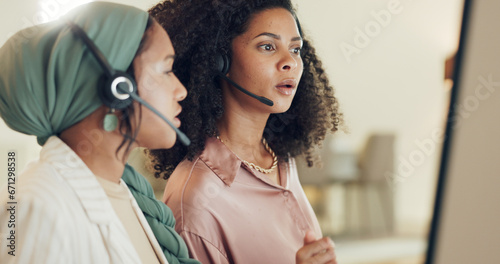 Call center women, computer and together for coaching with error, glitch and thinking for problem solving. CRM teamwork, ideas and solution for customer service, telemarketing or tech support at job