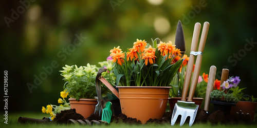 Display of gardening supplies flowers pots soil and plants set against a sunny garden, Outdoor gardening tools on grass in spring garden