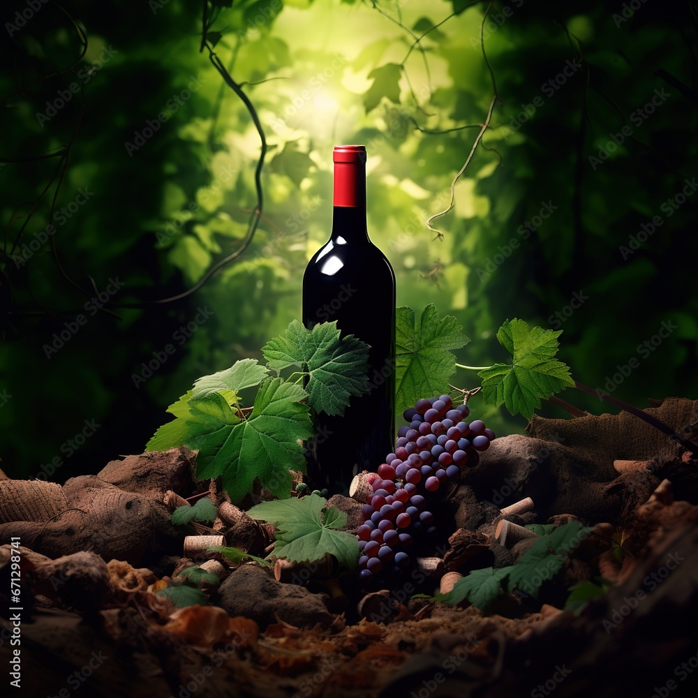 Wine bottle filled with red wine standing in a natural setting surrounded by dense green wine leaves and grapes, marketing campaign, cgi, Canva, vertical