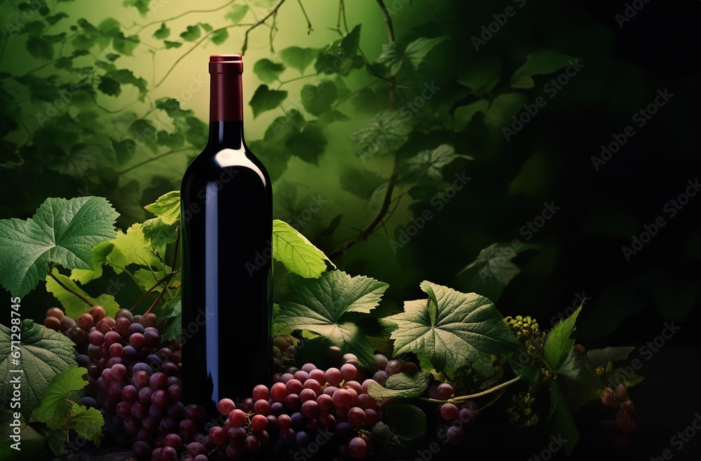 Wine bottle filled with red wine standing in a natural setting surrounded by dense green wine leaves and grapes, marketing campaign, cgi, Canva, horizontal