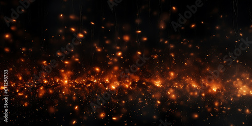 Burning red hot flying sparks fire in the night sky, Beautiful abstract background flying on black, Fire glowing particles on black background