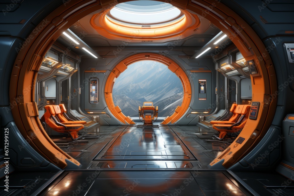 Obraz premium White clean spaceship interior with view on distant planets system 3D rendering elements