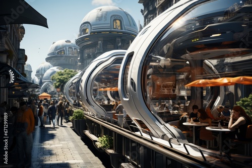 A futuristic street with futuristic homes and landscaped garden, futuristic architecture photo