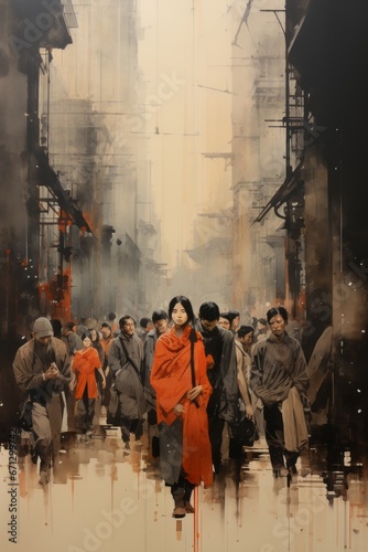 A retro style illustration of China and Chinese people with warm orange tones. Generative AI.  © Elle Arden 