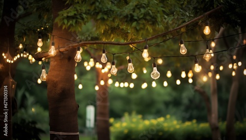 Enchanted Evening: Decorative String Lights Adorning Garden Trees. Generative ai