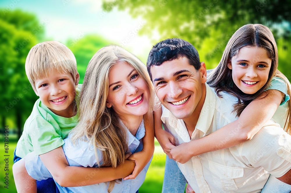 Happy family with children running on nature background, AI generated image Happy family with children running on nature background, AI generated image