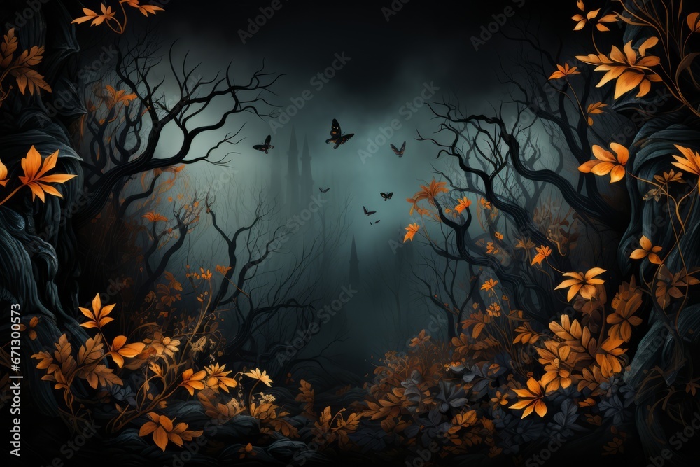 Halloween background. Spooky forest with dead trees and pumpkins and wooden table.
