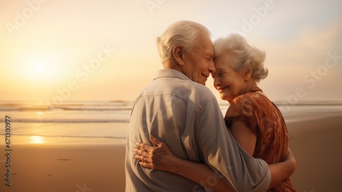 Elderly couple man and woman hugging affectionately by the sea
