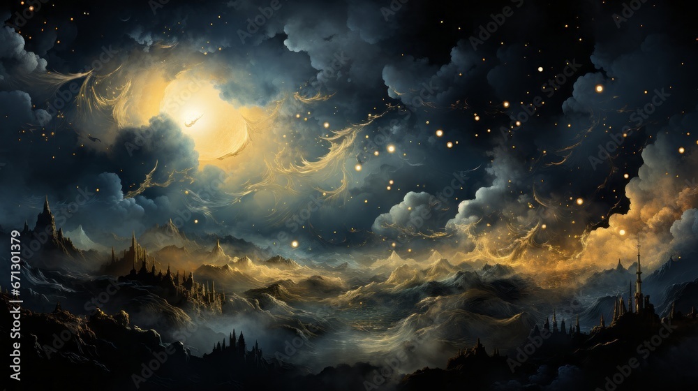 An abstract illustrated background with the moon and night sky and flowers. Generative AI. 