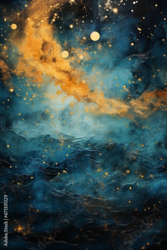 An abstract illustrated background with the moon and night sky and flowers. Generative AI. 