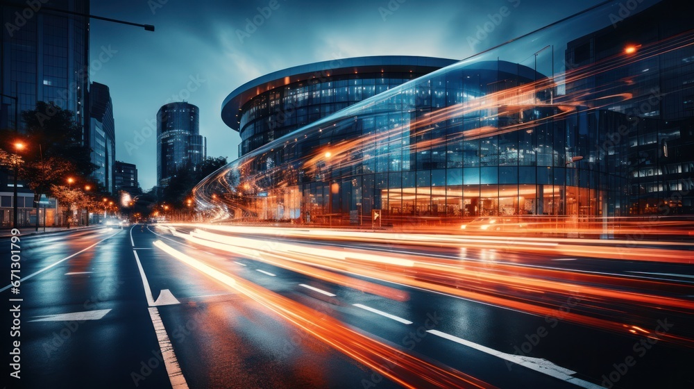 Obraz premium Light trails on the modern building background. Light trails at night in urban environment, Abstract Motion Blur City, traffic, transportation, street, road, speed