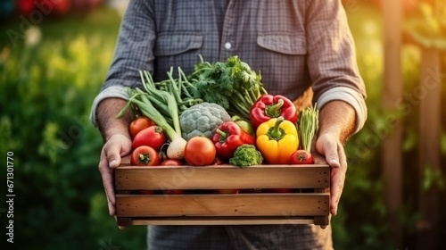 farmer holding wooden box full of fresh vegetables. harvesting season. basket with vegetables in the hands of a farmer background  healthy  organic  food  agriculture