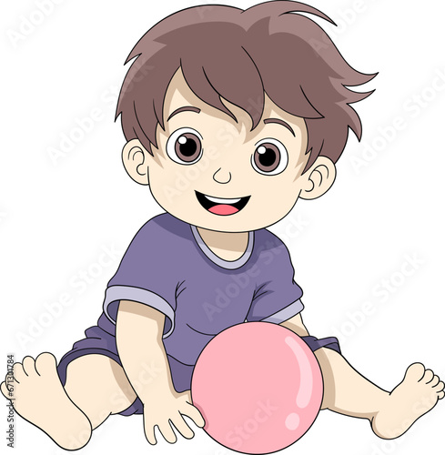 a handsome brown-haired baby is playing with ball while sitting