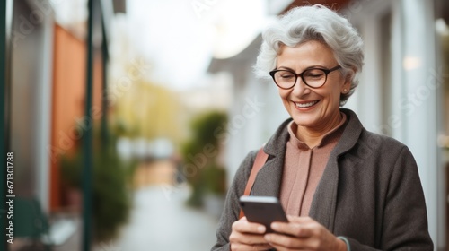 Happy senior female holding smartphone using mobile phone app. Technology, communication, happy adult woman with smartphone at home, recreation, communication, sociality, hobbies, adaptation, AI gen