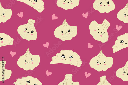 Dumplings, dumplings, dumplings, dumplings. Seamless pattern. Dumplings background. Vector illustration. Vector illustration