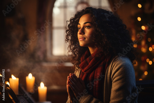 A candid image of a person praying on Christmas Eve, conveying the personal and spiritual aspect of the holiday. Generative Ai