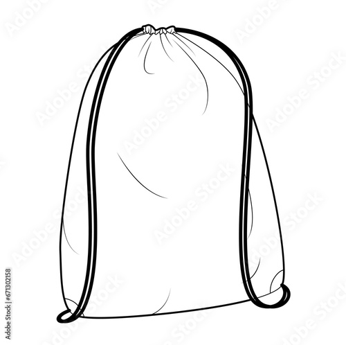 Drawstring Bag backpack silhouette bag. Fashion accessory technical illustration. Vector satchel front 3-4 view for Men, women, unisex style, flat handbag CAD mockup sketch outline isolated