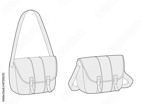 Courier Carryall Messenger Bag silhouette. Fashion accessory technical illustration. Vector satchel front 3-4 view for Men, women, unisex style, flat handbag CAD mockup sketch outline isolated