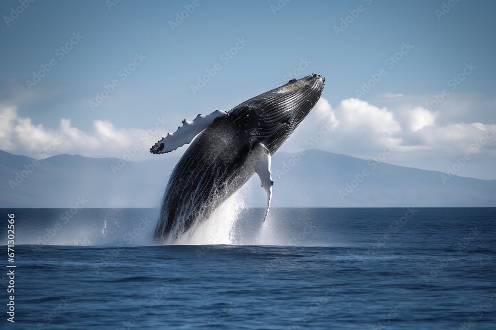 Fototapeta premium Humpback whale jumping out of the water. Generative AI. 
