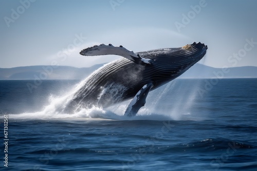 Humpback whale jumping out of the water in the ocean. Generative AI.
