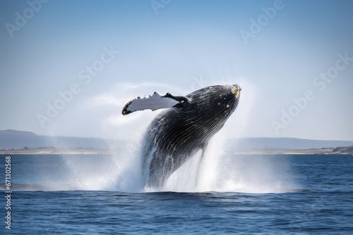 Humpback whale jumps out of the water on a sunny day. Generative AI.
