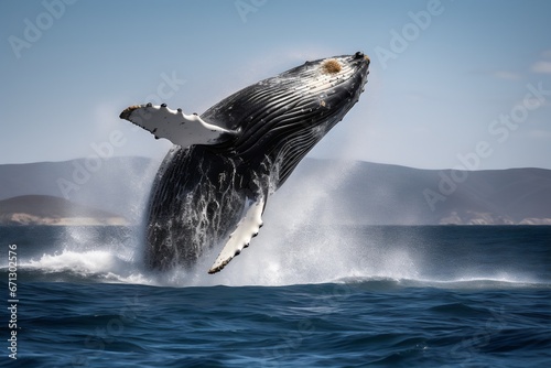 Humpback whale jumping out of the ocean, Generative AI.