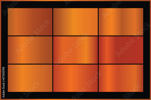 Orange glossy gradient, metal foil texture. Color swatch set. Collection of high quality vector gradients. Shiny metallic background. Design element.