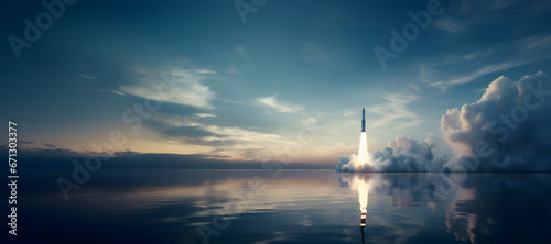 Rocket launch over water at dawn: spaceship taking off with full propulsion and immense fire, producing huge clouds of smoke, copy space photo