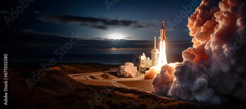 Spaceship takeoff from launch pad at night. Huge fire & smoke clouds produced by its propulsion. Copy space.  photo