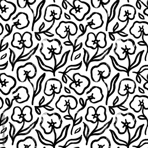 Seamless floral pattern with orchids. Brush drawn summer or spring print.